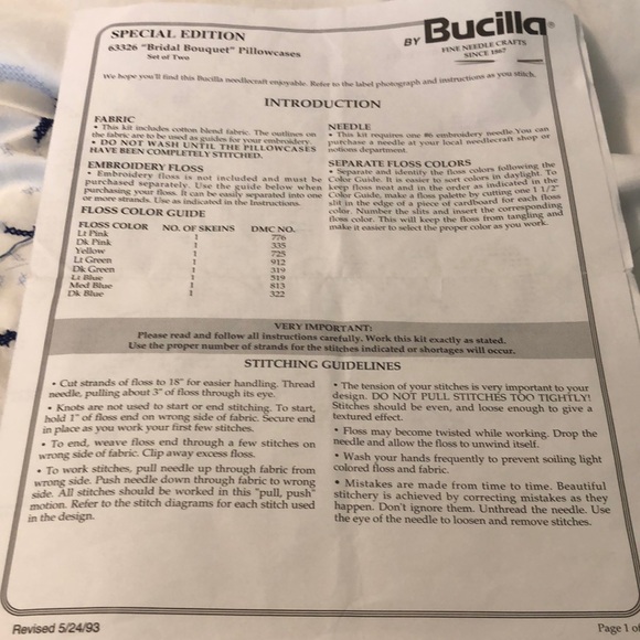 Bucilla Special Edition Stamped Pillowcases BRIDAL BOUQUET for Embroidery 1 Pair - Picture 2 of 5